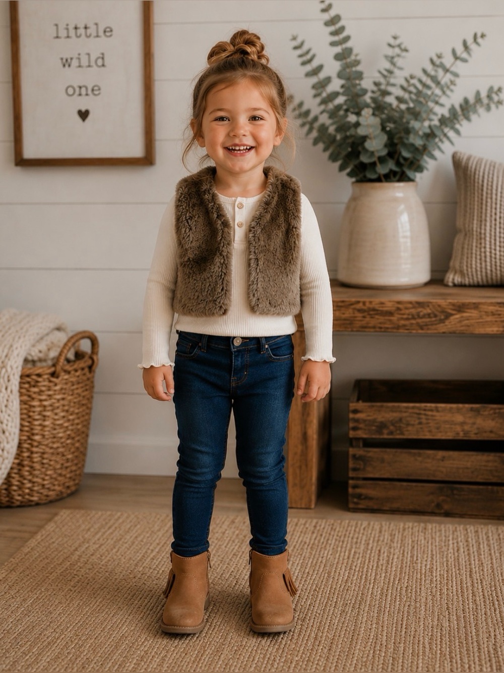 OLD NAVY Faux Fur Kids Vest Size 12 - 18 Months Brown Coastal Cowgirl
